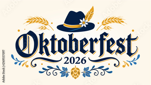 Foto Oktoberfest 2026 horizontal banner template with Gothic typography, Alpine Bavarian hat with feather, Edelweiss flower, wheat ears, and hop cone flourishes
