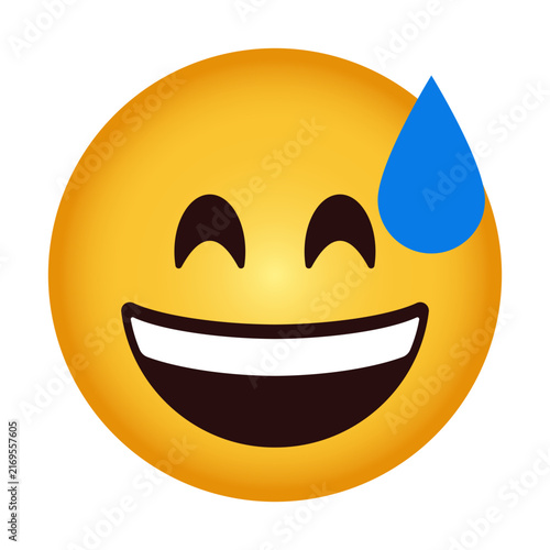Grinning face with sweat emoji showing smiling eyes, open mouth, and blue sweat drop, yellow round emoticon expressing relief, nervous laughter or awkward enthusiasm. yellow vector emojis