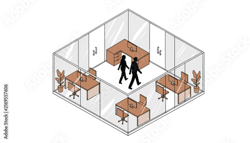 Isometric office cubicles with glass walls contain wooden desks and computers for workplace organization.