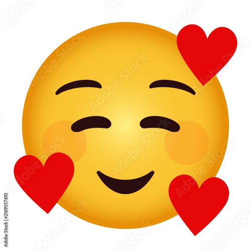 Smiling face with hearts emoji, In love face emoji with closed smiling eyes, rosy cheeks, and floating red hearts, yellow round emoticon expressing affection and adoration.