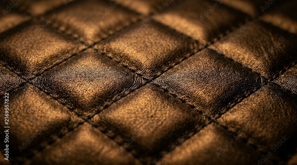 Naklejka premium High Detail Macro View Dark Amber Quilted Material Surface Diamond Stitching Motif Reflective Metallic Sheen Luxury Upholstery Fabric Texture Design Wallpaper macro brown quilted leather texture
