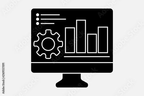 This image is a high-contrast, black-and-white vector graphic depicting a computer monitor displaying system management and data processing graphics.