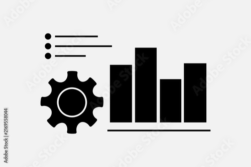 This image is a high-contrast, black-and-white vector graphic representing data processing, analytics, and system configuration elements.