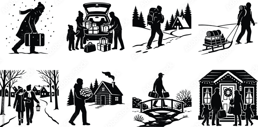 Fototapeta premium Christmas winter travel and celebration black silhouettes set of people activities