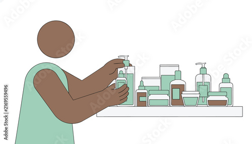 Person standing at a table and using various skincare products from jars and pump bottles in a minimalist style illustration.