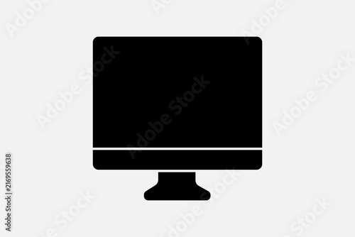 This image is a high-contrast, black-and-white vector icon depicting a desktop computer monitor. Set against a light gray background,