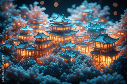 Traditional Chinese Lanterns and Chinese New Year Tree Decorating an Ancient Temple in Asia with Historic Architecture and Festive Cultural Atmosphere