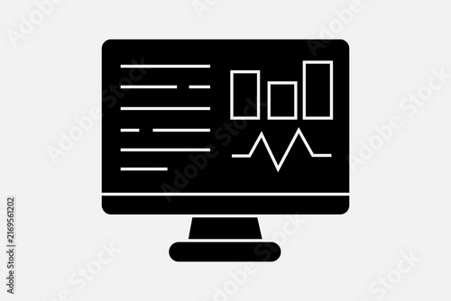 This image is a high-contrast, black-and-white vector icon depicting a computer monitor displaying a data dashboard. Set against a light gray background,
