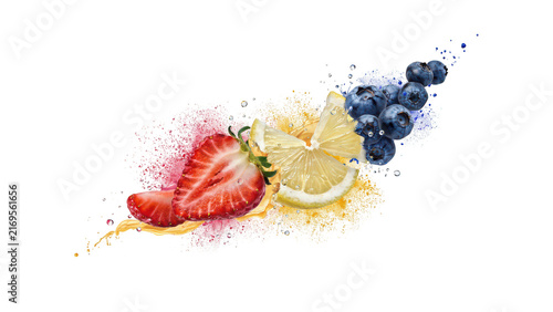 Fresh strawberry slice and blueberries with colorful fruit powder splashes on a black background, vibrant food for healthy diet