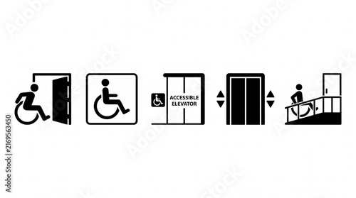 Five black‑and‑white accessibility icons—wheelchair entry, wheelchair symbol, accessible elevator sign, standard elevator, wheelchair ramp—representing mobility accommodations.