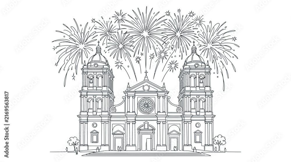 Naklejka premium Festive line art sketch of a grand church building with celebration fireworks