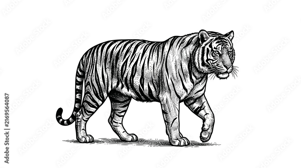 Fototapeta premium Detailed woodcut illustration of a tiger walking.