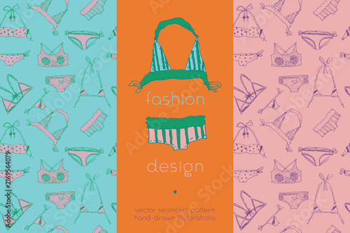 Colorful vector set of hand drawn lingerie and swimwear patterns in pop art style for fashion, textile design, packaging, wallpaper, beachwear, branding and editorial projects.