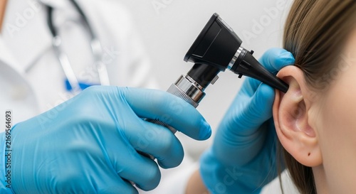 Doctor's gloved hands carefully holding an otoscope for medical examination