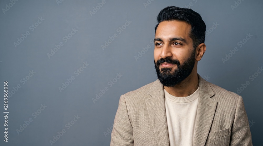 Fototapeta premium 30s business man looking away thinking of future ideas. Smiling confident older mature professional businessman executive ceo manager or entrepreneur standing at gray background. Portrait.