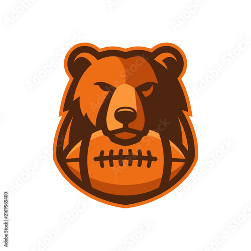 Bear Mascot Logo with American Football Ball, Grizzly Head Sports Badge Vector Illustration for Athletic Team Branding, Competitive Spirit Graphic in Orange and Brown Tones.