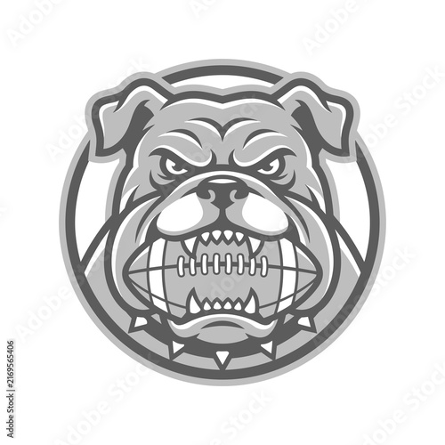 Aggressive Bulldog Mascot Logo Head Biting an American Football in a Circular Frame, Grayscale Vector Illustration for Sports Team, School Spirit, or Fitness Branding Badge.