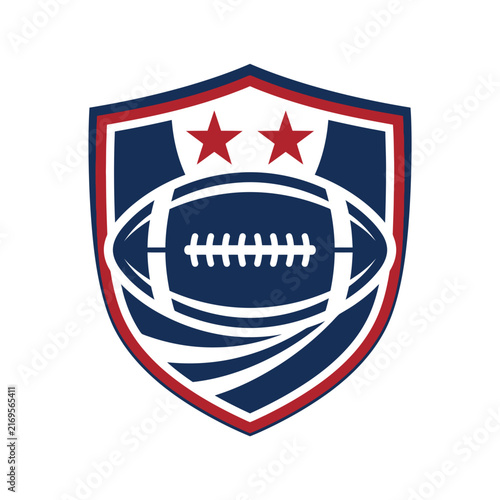 American Football Shield Logo Badge featuring a Football Ball with Two Red Stars and Striped Details in Navy Blue and Red, Vector Illustration for Sports Team Branding