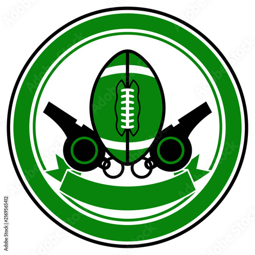 American Football Badge Illustration with Green Football and Two Black Referee Whistles, Circular Sports Logo with Blank Green Ribbon for Custom Text, Flat Vector Graphic Design