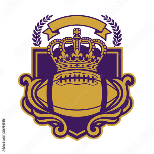Royal Gold and Purple American Football Team Badge with Crown, Laurel Wreath, Banner, and Decorative Scrollwork. Elegant Sports Championship Crest Logo Vector Illustration.