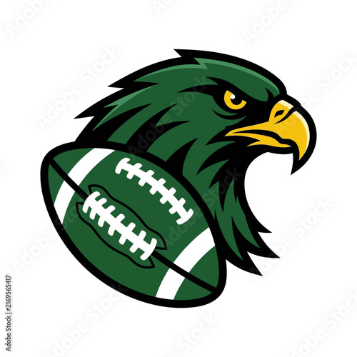 Aggressive Green Hawk Mascot Logo Profile with a Sharp Yellow Beak and Fierce Golden Eye, Integrated with a Green and White American Football, Vector Illustration for Sports Teams