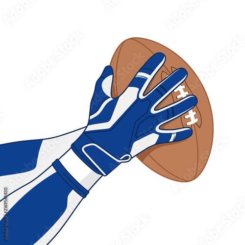 Flat Vector Illustration of an American Football Player's Hand Wearing a Blue and White Protective Glove Catching a Ball Isolated on White for Sports Branding and Graphics.
