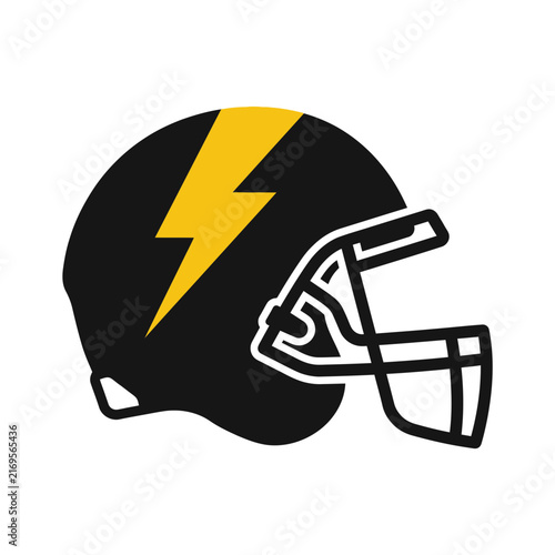 Flat Vector Illustration of a Black American Football Helmet Featuring a Yellow Lightning Bolt Symbol, Isolated Protective Headgear for Sports Team Identity and Branding Design.