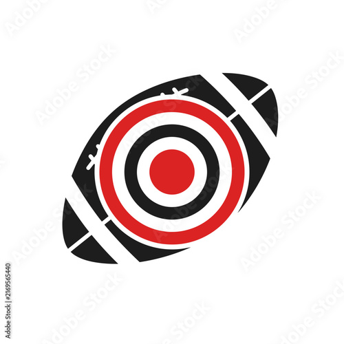 Flat vector illustration of a black and white American football with a red bullseye target at the center, representing precision and accuracy in sports, isolated on white background.