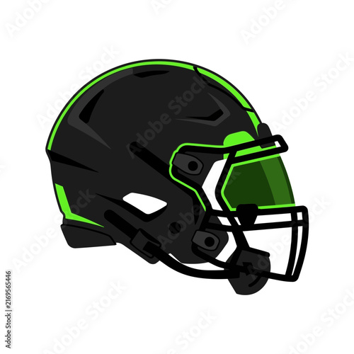 Flat vector illustration of a modern American football helmet in black with neon green accents and a tinted visor, isolated on white for sports logo design and team branding.