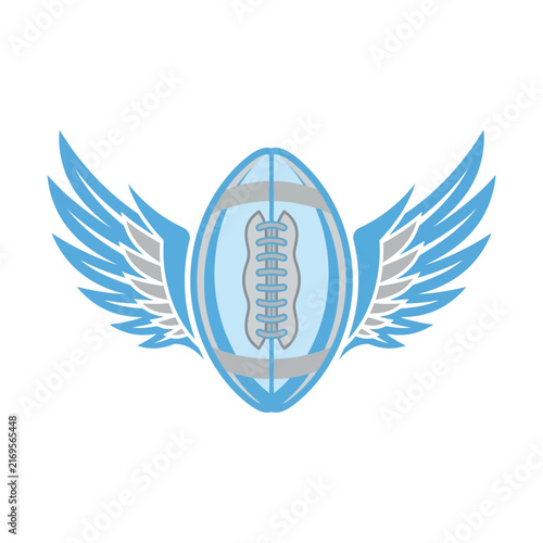 Stylized American Football Ball with Feathered Wings Logo, Flat Vector Illustration in Blue and Gray Colors, Emblem for Sports Team, Competition, and Athletic Brand Identity