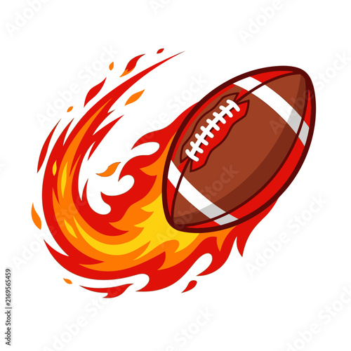 Dynamic American football flying with red and yellow flames trail, stylized flat vector illustration of a burning ball icon for sports mascot, logo design, or gaming graphics.