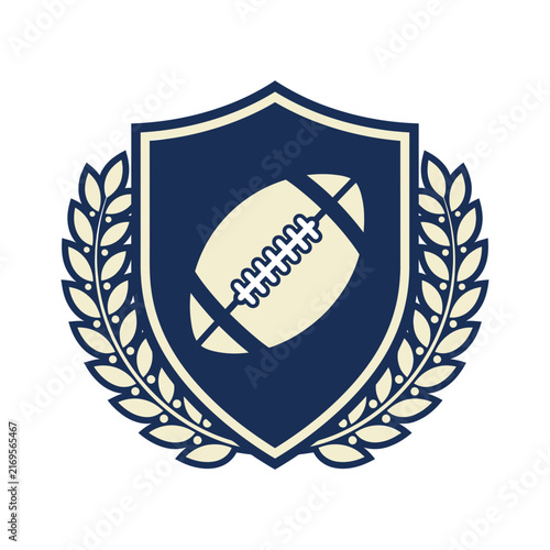 Flat Vector American Football Logo Crest Featuring a Navy Blue Shield and Cream Laurel Wreath Frame. Professional Sports Emblem for College Teams, Athletic Clubs, and Championships.