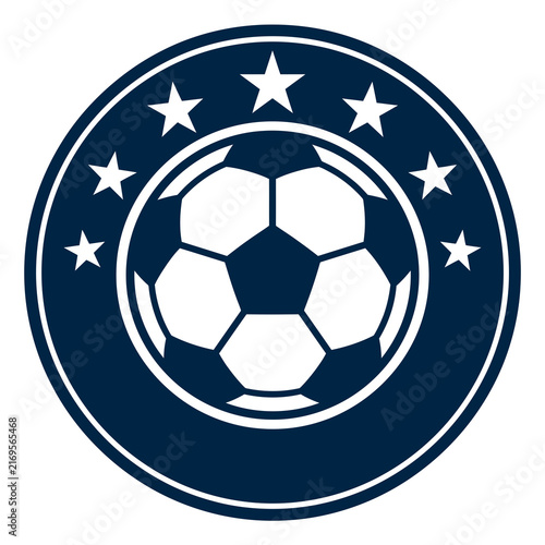 Flat Vector Illustration of a Navy Blue and White Soccer Ball Emblem; Circular Crest Design Featuring a Football Surrounded by Seven White Stars on a Dark Background.