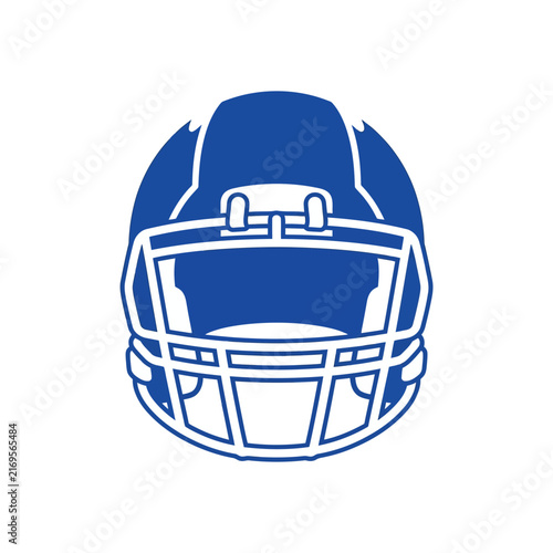 Blue and White American Football Helmet Vector Logo, Front View Minimalist Sports Icon for Gridiron Athletics, Team Branding Equipment Graphic Isolated on White Background