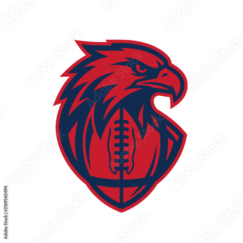 American Football Team Mascot Logo Featuring a Fierce Eagle Head Profile and a Red Football Shape, Navy Blue and Red Vector Illustration for Sports Branding and Identity
