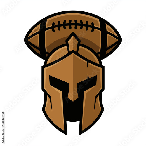 Flat vector logo of a spartan helmet combined with an American football. Brown and black mascot design for a sports team or gaming clan, isolated on a white background.