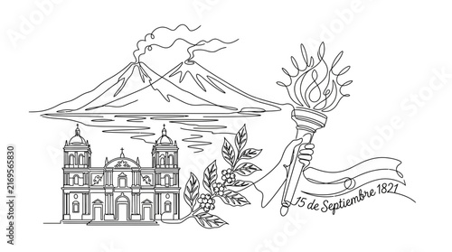 Continuous Line Drawing of Central American Landmarks Independence Symbols and Coffee Branch
