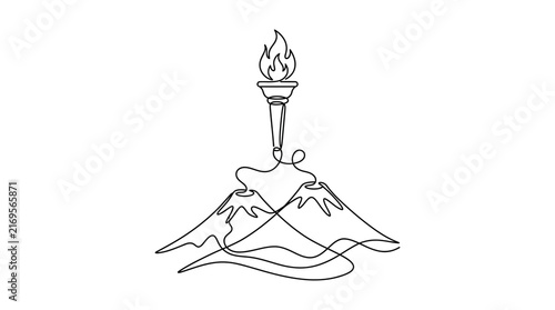 Minimalist continuous one line drawing of mountain peaks and a flaming torch symbol