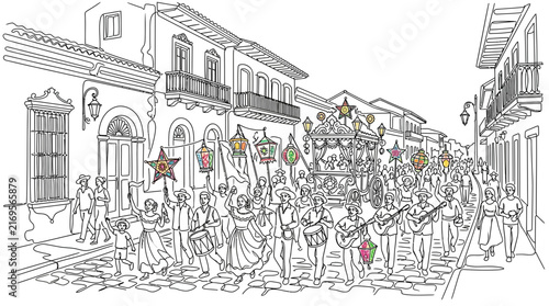 Continuous Line Art Illustration of Traditional Cultural Festival Parade in Colonial Town