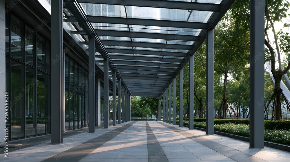 Fototapeta premium Modern glass and steel canopy shelters a paved walkway beside a glass fronted building with trees on the right