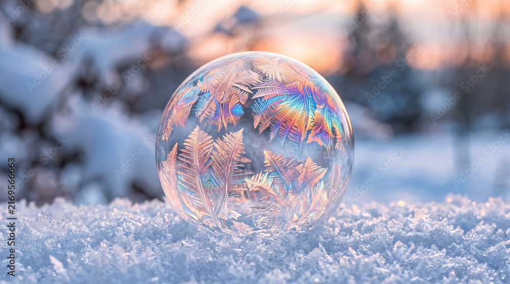 Obraz premium Iridescent frozen soap bubble featuring delicate ice patterns sitting on snow at sunrise