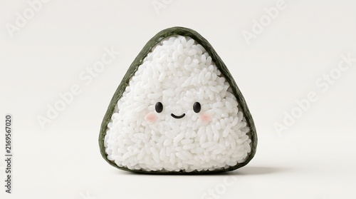 Japanese rice ball doll displays cheerful rosy cheeks against plain background.