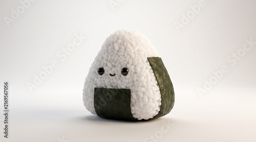 Stuffed onigiri showcases cute smiling expression and traditional nori belt.