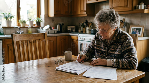 An elderly woman sits at a wooden dining table in her home kitchen focused on writing notes with a pen onto paper documents while wearing reading glasses to carefully manage her personal affairs