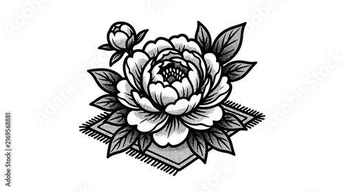 Peony bloom resting on a decorative diamond rug.