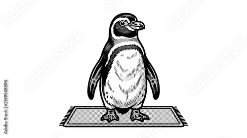 Penguin illustration standing on a small rug.