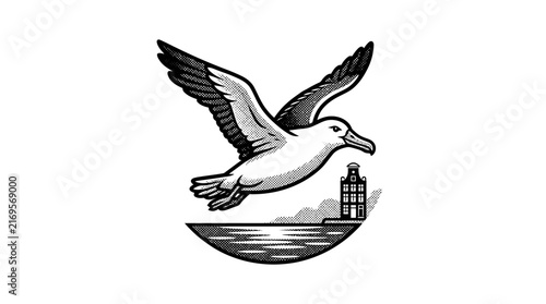 Seagull flying over ocean waves near a lighthouse.