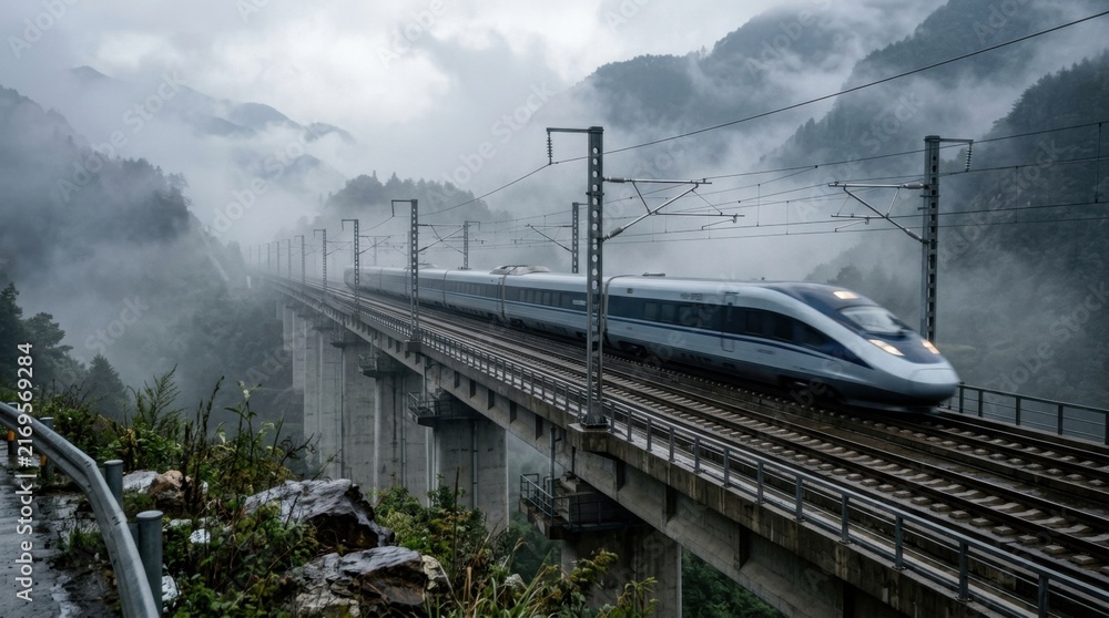 Fototapeta premium High-speed rail modernization with streamlined train, electrified track, viaduct, and overhead power lines through a misty corridor.