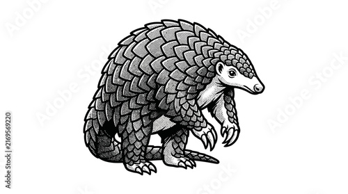 Standing pangolin woodcut style engraving art.