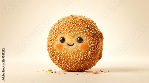 Round pastry coated in sesame seeds displays rosy cheeks alongside a joyful expression.